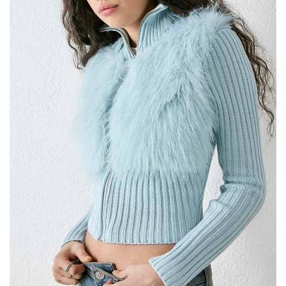 NWT The Ragged Priest Womens Blizzard Zip Up Cardigan 12 Faux Fur Ribbed Blue - Picture 1 of 15
